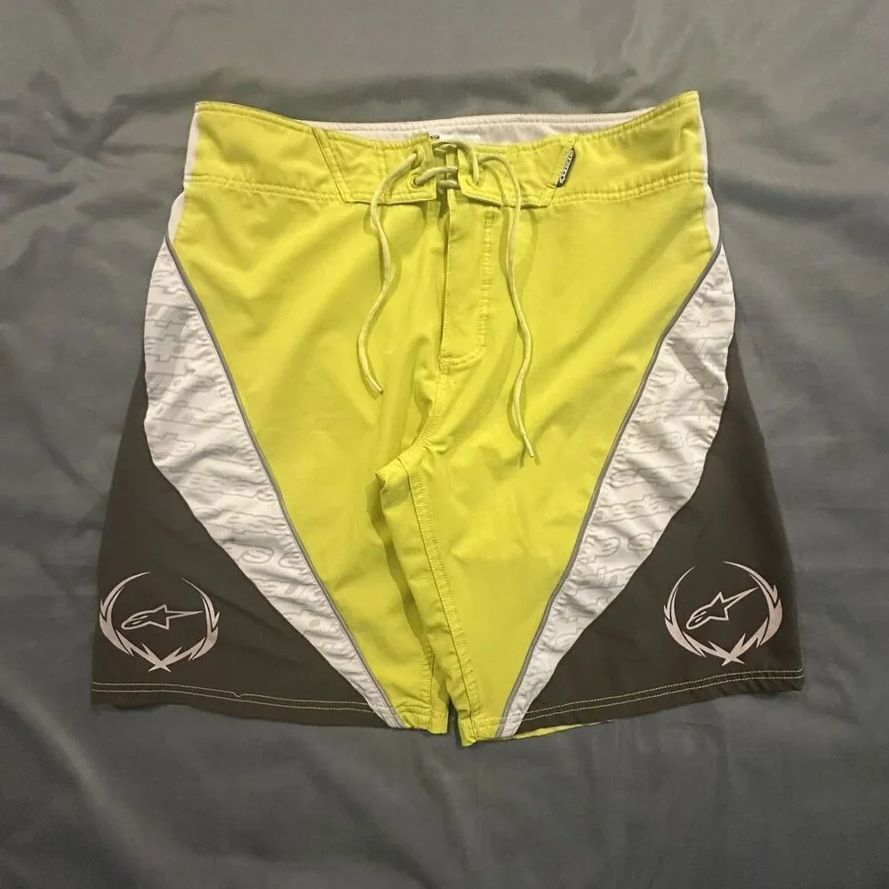 Y2K Alpinestars Board Shorts Mens 34 Colorblock Yellow Swim Trunks Striped